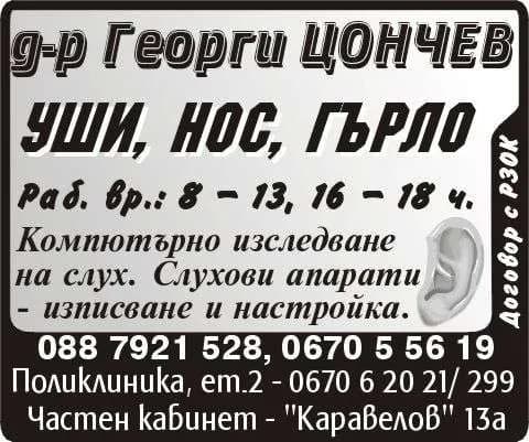 АМБУЛАТОРИЯ ЗА СПЕЦИАЛИЗИРАНА МЕДИЦИНСКА ПОМОЩ - ИНДИВИДУАЛНА ПРАКТИКА ПО УШИ, НОСНИ И ГЪРЛЕНИ БОЛЕСТИ - Д-Р ГЕОРГИ ЦОНЧЕВ - ТРОЯН - СПЕЦИАЛИЗИРАНА МЕДИЦИНСКА ПОМОЩ: ИЗВЪРШВАНЕ НА: ДИАГНОСТИКА, ЛЕЧЕНИЕ, РЕХАБИЛИТАЦИЯ И НАБЛЮДЕНИЕ НА …