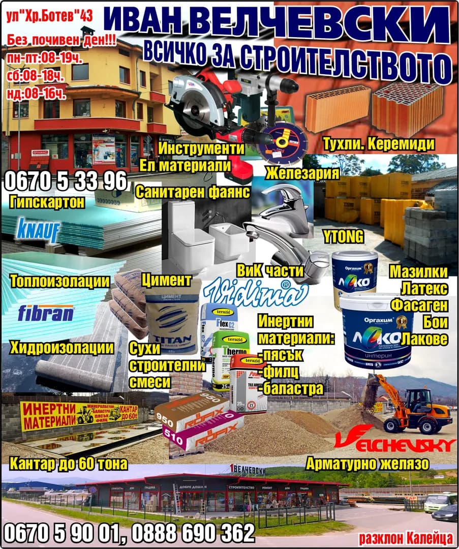 НЕВКОМЕРС - ИВАН ВЕЛЧЕВСКИ, ВСИЧКО ЗА СТРОИТЕЛСТВОТО. Хидроизолации. Железария. Инертни, материали:, -пясък, -филц, -баластра. ВиК части. Сухи, строителни, смеси. Топлоизол…