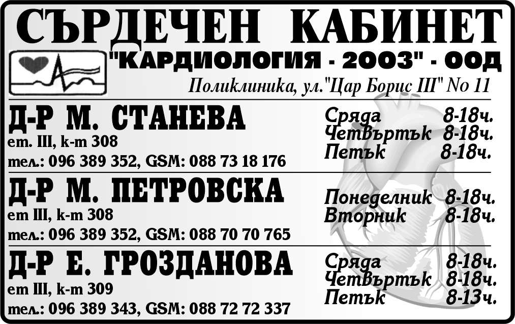 КАРДИОЛОГИЯ - 2003 ООД - гр. Монтана, общ. Монтана, обл. Монтана, Поликлиника, ул. "Цар Борис III" № 11, ет.III, к-т308, к-т309